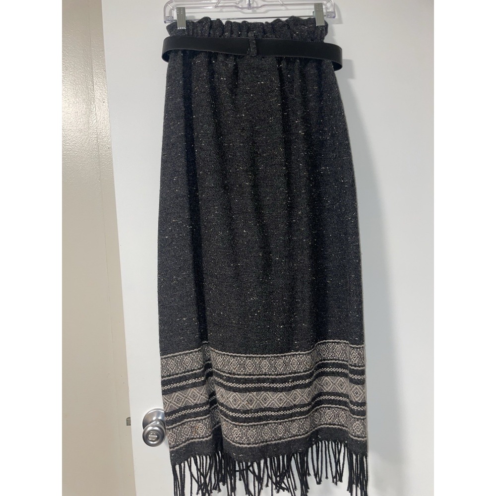 Vintage Karen Kane Long Skirt Wool Wrap Gray Stripe With Fringe And Belt Medium - Picture 2 of 9